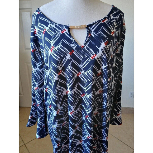 Always Indigo Womens Blouse 2X Colorful Mutiprint 3/4 Bell Sleeve With Keyhol - Picture 8 of 16